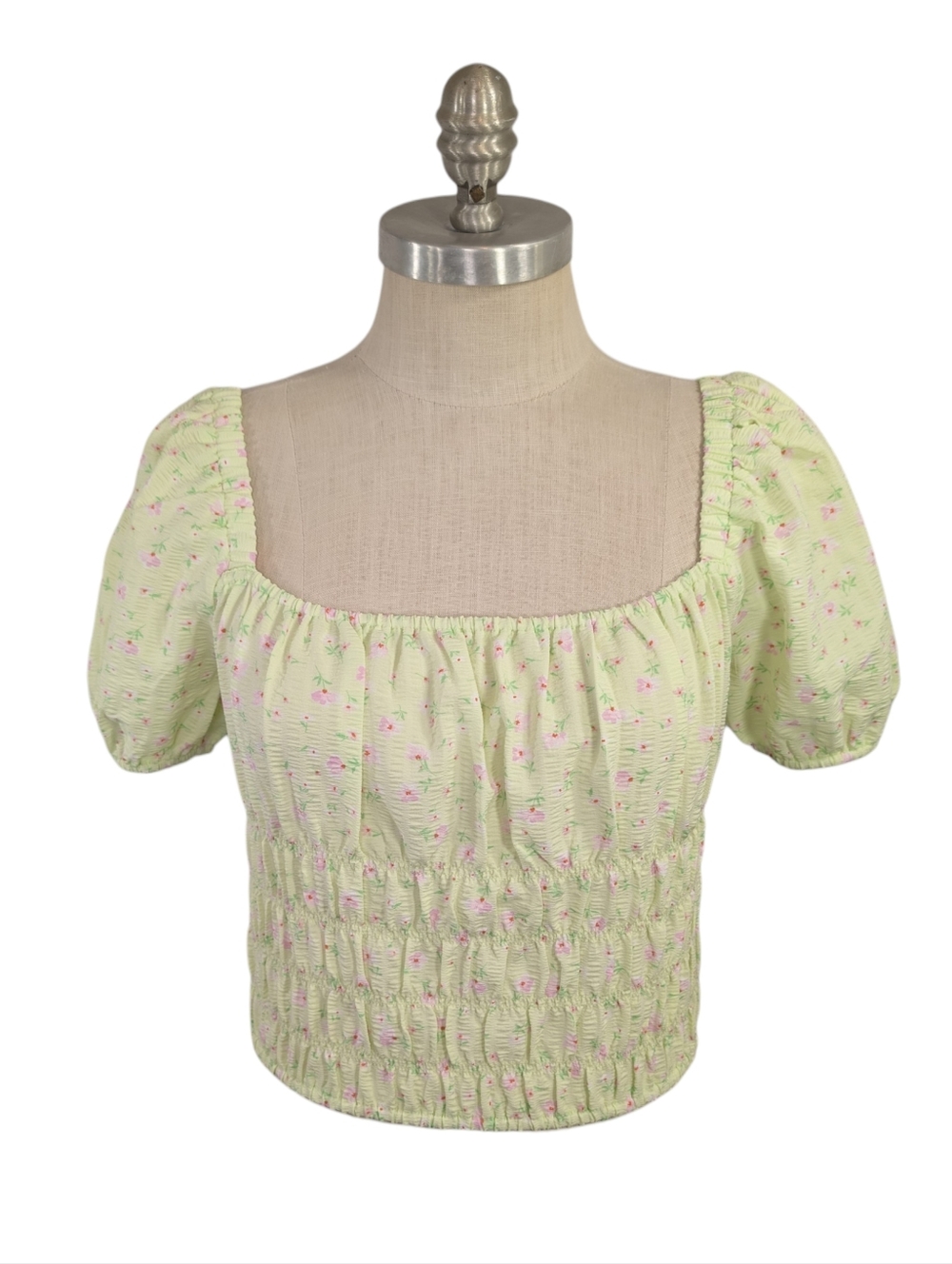 Elodie Floral Puff Sleeve Smocked Top - Boho Romantic Crop Blouse - Large